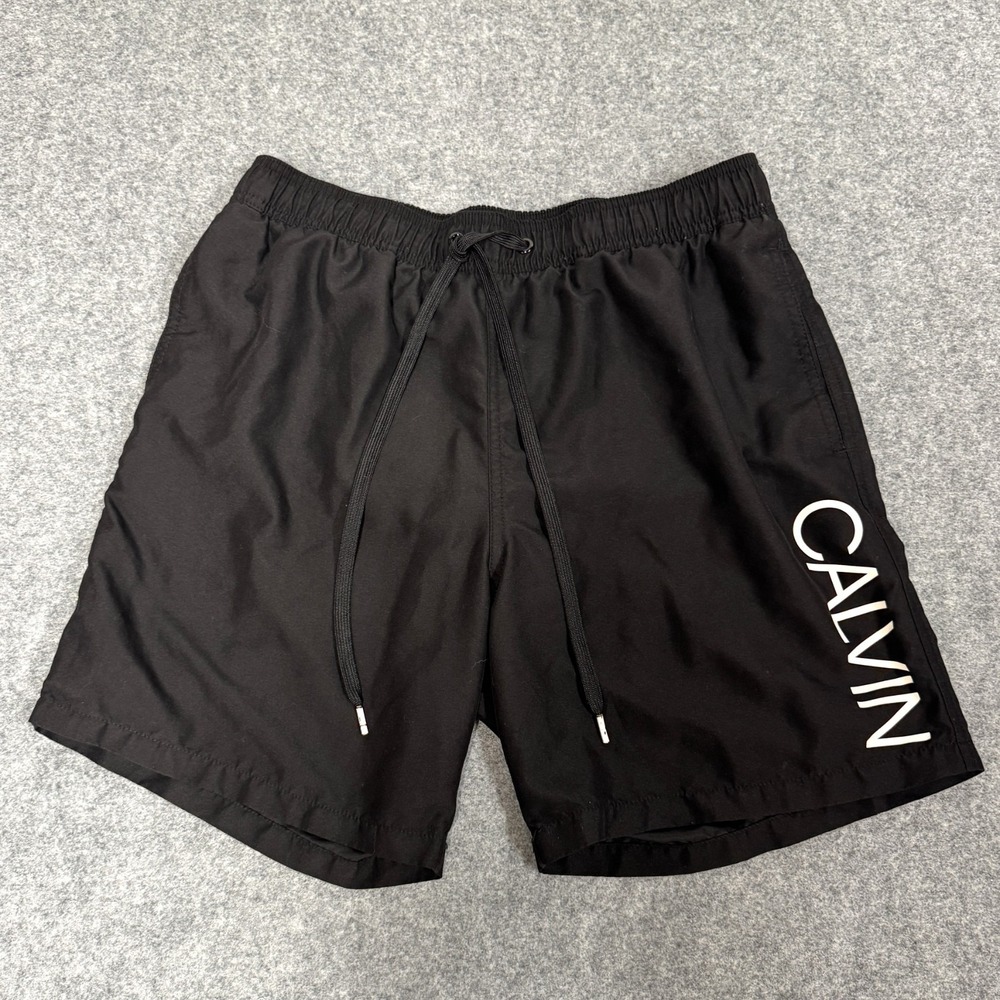 Calvin Klein Men's Swim Trunks, Size Medium, Black with White Signature Logo